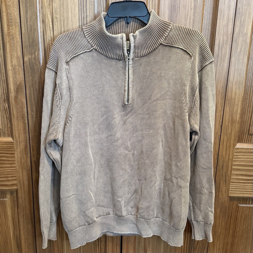 Cabela's Men's M 1/4  Zip Cabin Sweater Ribbed Knit Cotton Taupe Pullover Casual